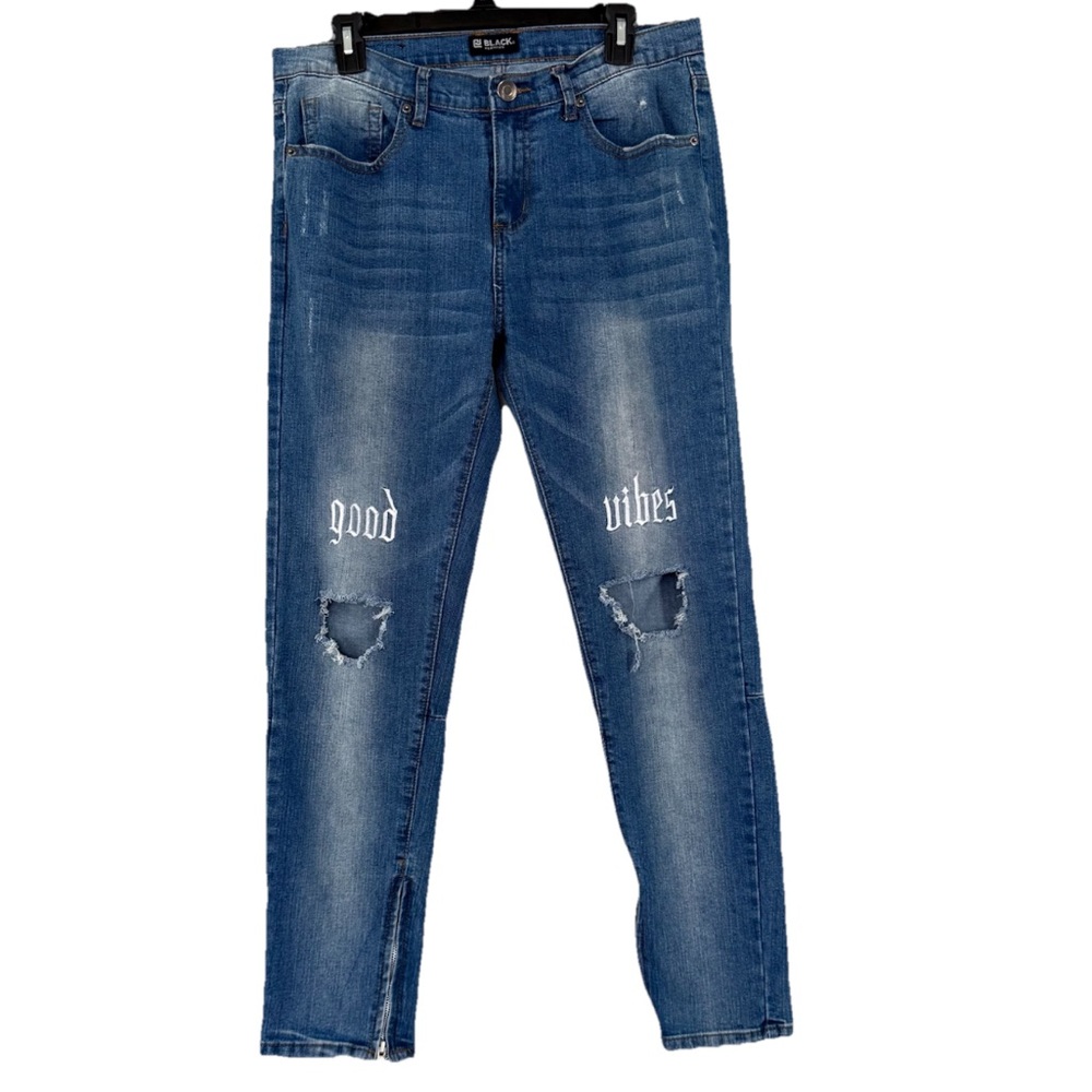 CJ Premium Skinny Flex Moto Blue Acid Wash Black Jeans, sz 32x30 with Ankle Zip
